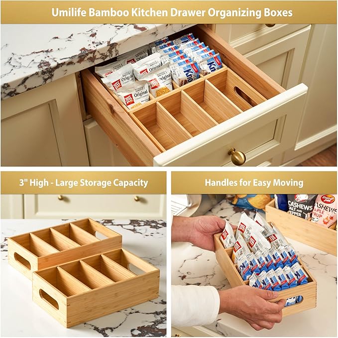Umilife Bamboo Pantry Organizers and Storage Bins with Removable Dividers, Kitchen Drawer Cabinet Countertop Organization for Snack, Spice Packets, Teabags, Seasoning Pouches (2 Pack)