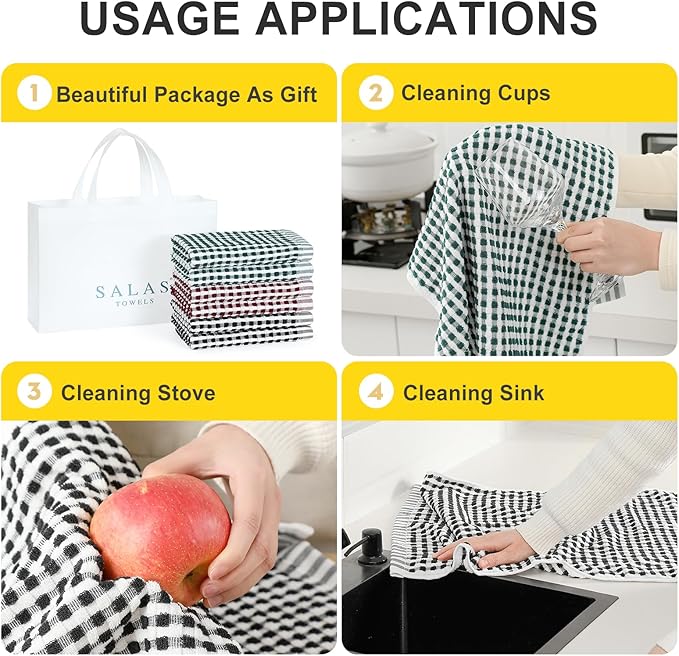 SALAS Cotton Dish Towels Cloths for Kitchen Drying Dishes, Lattice Terry Kitchen Towels, Highly Absorbent Kitchen Cloths with Hanging Loop, 16‘’ x 26‘’, 6 Packs, Wine Red Black and Green