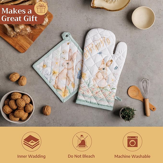 Maison d' Hermine Pot Holders 100% Cotton Heat Resistant Potholders 8" x 8" Hot Pads with Loop BBQ Cooking Baking Gifts for Mothers Day Handling Hot Pans Spring/Summer (Pack of 1, Easter Dew)
