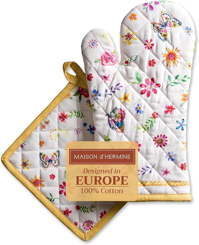 Maison d' Hermine 100% Cotton Oven Mitt & Pot Holder Set (7.5"x13" & 8"x8") Heat Resistant BBQ Cooking Gloves with Loop Kitchen Gifts for Mothers Day Spring/Summer (Happy Florals - Sweety)