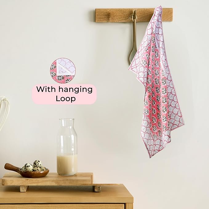 CPC Poppy Pink Hand Block Print Waffle Kitchen Towel Set of 3-16 x 28 Inch Ultra Absorbent Quick Dry Cotton Dish Towels Lightweight Reusable Sustainable Tea Towels for Cleaning and Drying