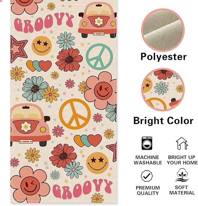 Groovy Hippie Daisy Flower Dining Table Runner, Vintage Bus Floral Peace and Love Burlap Kitchen Decoration, Retro Smiling Face Indoor Outdoor Home Decor Party Supply 13 x 72 Inches