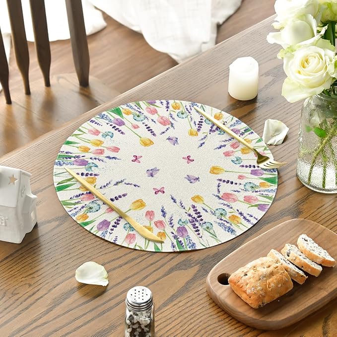 Artoid Mode Lavender Tulip Spring Round Placemats Set of 4, 14 Inch Seasonal Summer Rustic Vintage Table Mats for Party Kitchen Dining Decoration