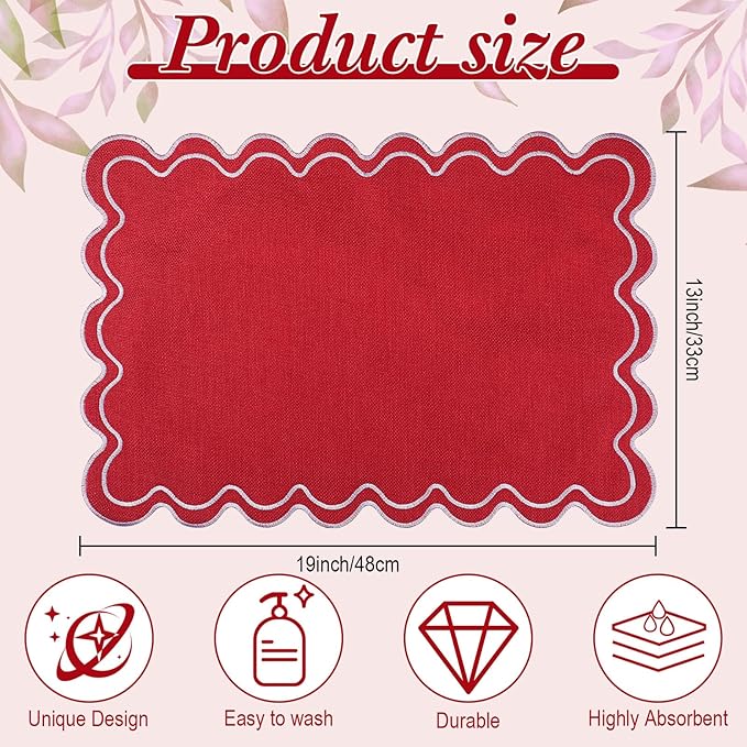 HunnmingRe Set of 6 Cotton Linen Placemats, 13x19 Inch Scalloped Wavy Embroidery Placemat Double Layered Washable Rustic Rectangle Dinner Table Mats for Wedding Home Decor(Red with White)