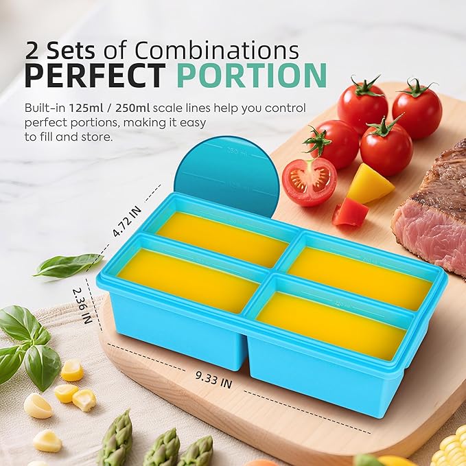 Silicone Freezer Molds for Soup with Lid - 1 Cup Capacity Soup Freezer Container, Large Ice Cube Mold - With Reinforced Steel Ring Top Lid, Oven and Dishwasher Safe, Freeze and Store Food - 2-Pack