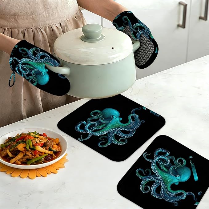 Oven Mitts and Pot Holders Green Octopus Silicone Kitchen Accessories Set of 4 Heat Resistant Gloves Potholder Non-Slip Grip for Chef Cooking Baking Grilling BBQ
