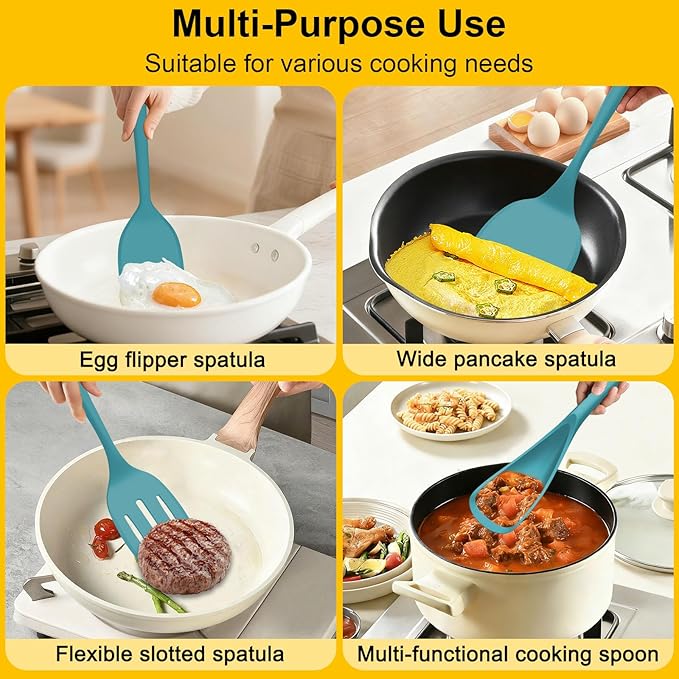 Beijiyi Silicone Spatula Set of 4, 600°F Heat Resistant, BPA Free Kitchen Spatula and Spoons for Nonstick Cookware, Solid & Slotted Turner Cooking Utensils for Serving, Flipping Egg, Pancakes (Blue)