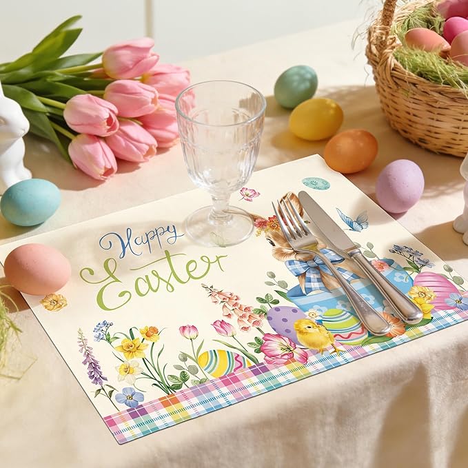 comfoyar Easter Bunny Egg Placemats Set of 4, 12x18 Inch Non-Slip Linen Flower Chick Place Mats, Washable Absorbent Table Mats for Kitchen Dining Party Table Decoration