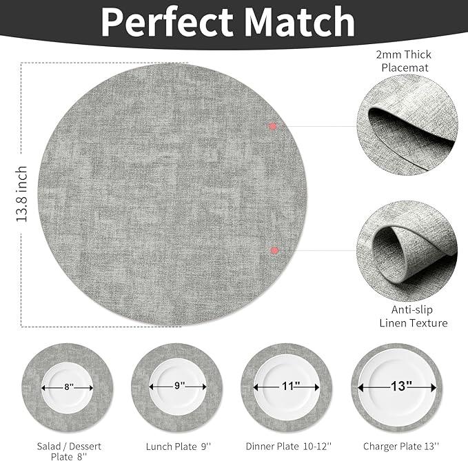 Maxpearl Round Placemats Set of 6, 13.8 inch Faux Leather Heat Resistant Table Mats, Non Slip Waterproof Wipeable Place Mats for Kitchen Dining Holiday Party Table Settings, Grey