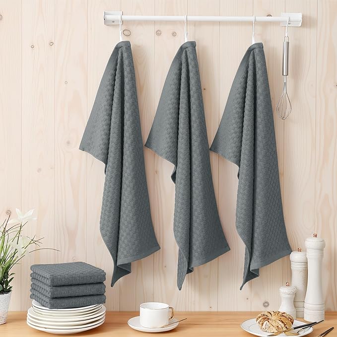 Homaxy 100% Cotton Terry Kitchen Towels(15" x 25", 12 Pack), Soft and Super Absorbent Dish Towels, 380 GSM Reusable Tea Towel with Hanging Loop, Pineapple Grid Designed, Dark Grey