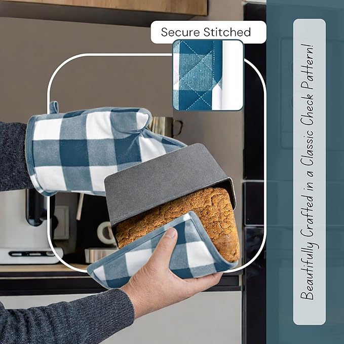 Native Fab Buffalo Plaid Check Oven Mitts and Pot Holders Set of 4, 100% Cotton Heat Resistant Kitchen Gloves, 2 Oven Mitts (7x13), 2 Pot Holders (8x8) for Cooking & Baking, Teal Green White