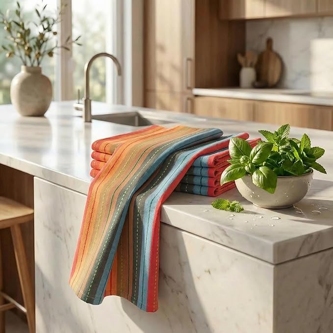 Urban Villa Kitchen Towels 100% Cotton Dish Towels for Kitchen (Set of 6) 20"x30" Highly Absorbent Kitchen Linen Set with Hanging Loop Dish Cloths Perfect for Drying Dishes Cleaning Towels - Red Multi
