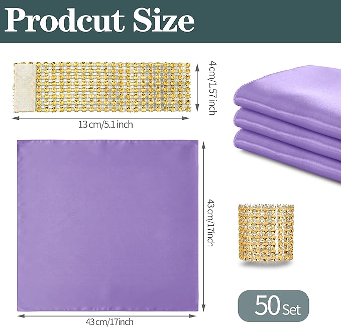 RUDONG M 100 Pcs Light Purple Satin Napkins and Napkin Rings Set, 17 x 17 Inch Square Cloth Napkins Set of 50, Silky Soft Table Napkins Bulk for Weddings, Banquet, Parties Dinner Decoration