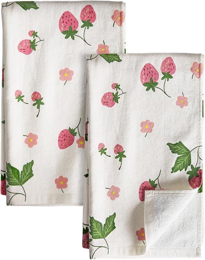 Miss Adola Cotton Kitchen Towels Set of 2 - Cute Design 16×26 Inch Dish Towels for Kitchen with Hanging Loop Strawberry Quick Dry Hand Towels Soft & Absorbent, Home Decorative, Terry Cloth Tea Towels