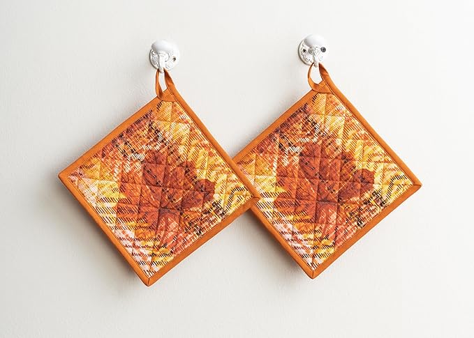 Maison d' Hermine Pot Holders Set 100% Cotton Heat Resistant Potholders 8" x 8" Hot Pads with Loop for Thanksgiving Christmas Decorations Baking Handling Hot Pans (Pack of 2, Thanksgiving Tartan)