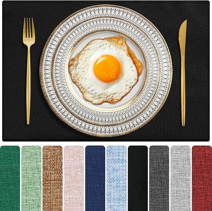 Cloth Placemats Set of 6, Cotton Linen Blend Machine Washable Double Layered Place Mats, Heat Resistant Placemats Wrinkle Free Thick Fabric Dining Table Mats for Indoors & Outdoors (Black, 6)