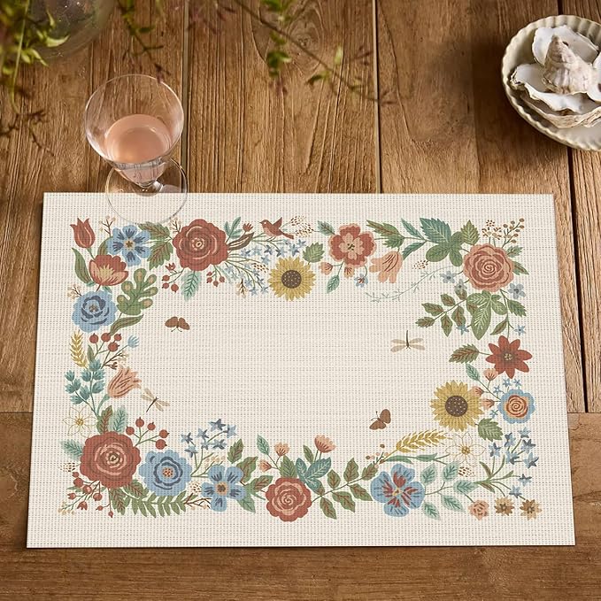 Artoid Mode Beige Florals Butterfly Spring Vinyl Placemats Set of 4, Washable Non-Slip Plastic Table Mats for Vintage Holiday Party Kitchen Dining Decor