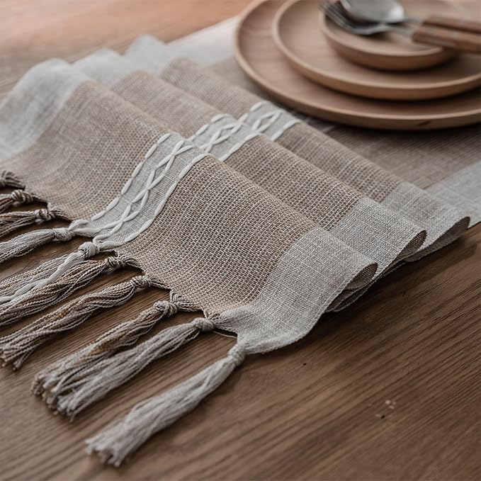 Niviy Farmhouse Table Runner, Embroidered Striped Braided Coffee Boho Table Runner, Cotton Linen Farmhouse Table Decoration for Holiday Party 12 x 90 Inches
