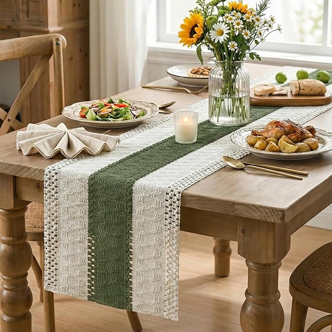 Artoid Mode Army Green Farmhouse Rustic Table Runner, Seasonal Holiday Hollow Kitchen Dining Table Decoration for Home Party Decor 12x120 Inch