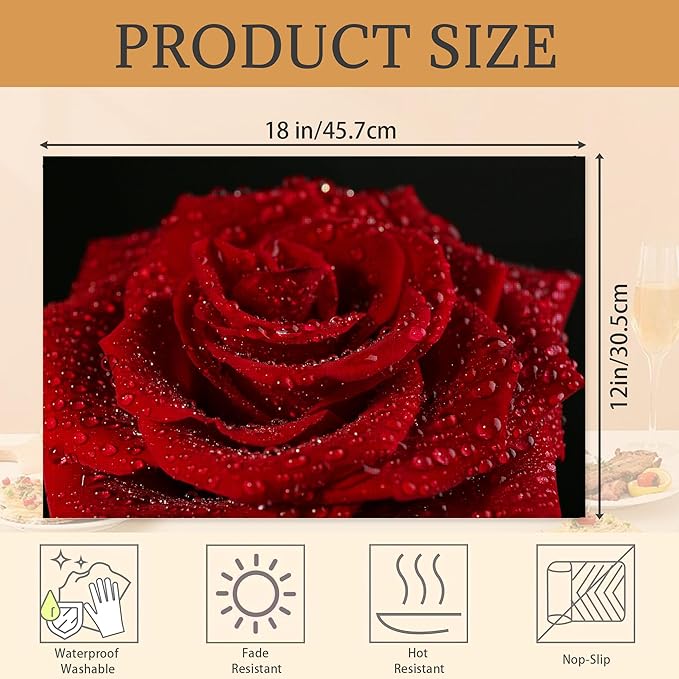 Red Rose Flower Placemats Set of 6 Place Mats for Kitchen Table Washable Farmhouse Linen Table Mats Dining Decoration 12x18 Inch