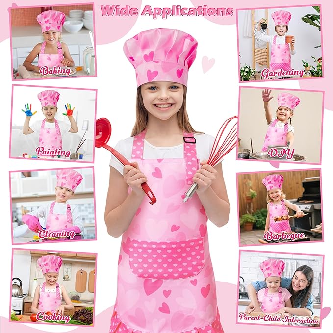 R HORSE Kid Apron and Chef Hat Set - 2Pcs Pink Heart Toddler Cooking Apron Set for Girls, Adjustable Role Play Costume Pretend Play Toy for Cooking Baking Painting Birthday Gift for Kids Ages 3-6