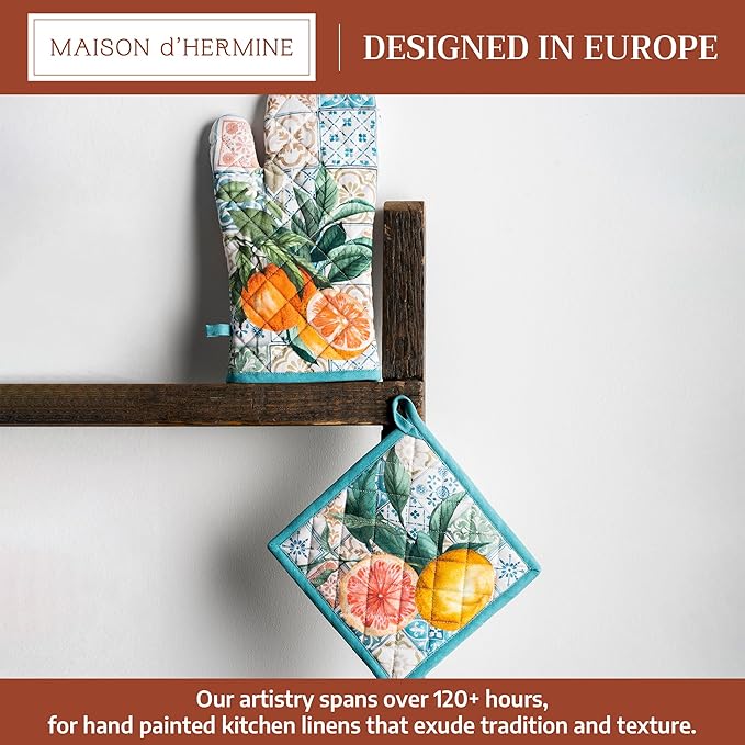 Maison d' Hermine 100% Cotton Oven Mitt & Pot Holder Set (7.5"x13" & 8"x8") Heat Resistant BBQ Cooking Gloves with Loop Baking Grilling Kitchen Gifts for Mothers Day Spring/Summer (Agrume)