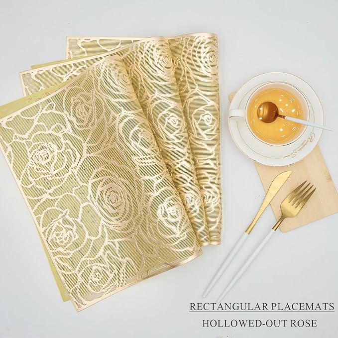 Gold Placemats Set of 6 Rectangle Pressed Vinyl Metallic Flower Place Mats Hollow-Out Rose Heat Resistant Waterproof Oil-Proof Table Mats Decorative for Kitchen Table Holiday Wedding Party Decor