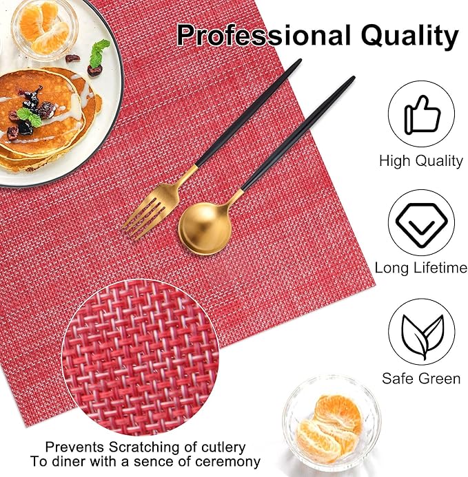 Vinyl Placemats Set of 8, PVC Woven Washable Non-Slip Table Mats, Heat Resistant Wrinkle Free Place Mats for Dining Table, Easy to Clean (8, Red)