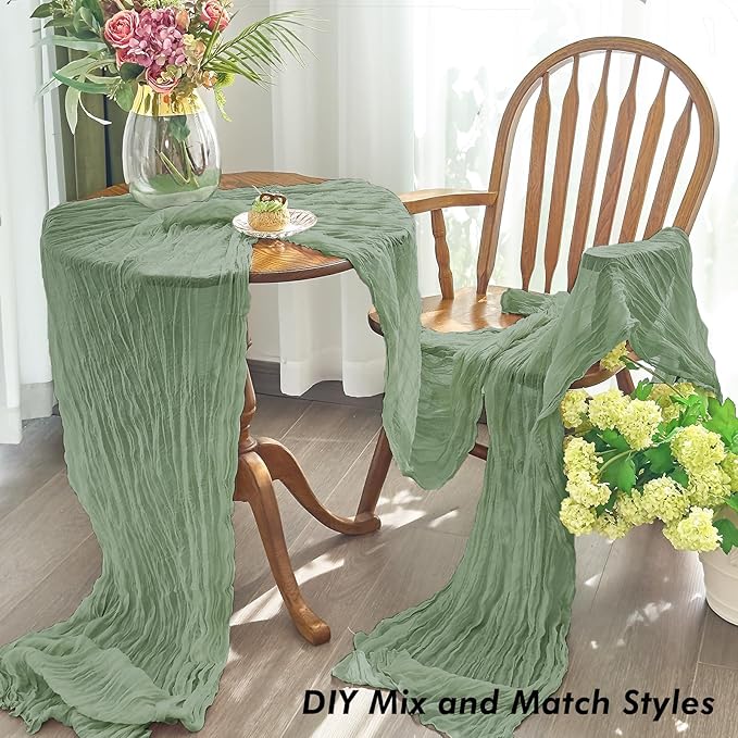 IVAPUPU 10 Pcs Cheesecloth Table Runner - 10ft Sage Green Spring Boho Gauze Cheese Cloth Table Runners for Baby Shower Decorations Wedding Party Garden Farmhouse
