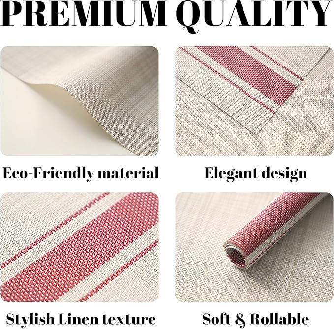 Placemats Set of 12 Vinyl/Plastic Woven Place Mats for Kitchen Table Indoor/Outdoor Washable Placemat Wipeable Dining Table Mats (Khaki Red,12)