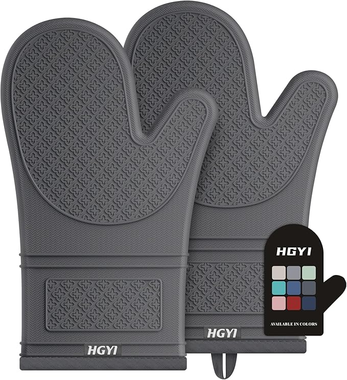 Silicone Oven Mitts, Heat Resistant Oven Gloves with Quilted Liner, Waterproof & Non-Slip Kitchen Mittens for Baking Cooking BBQ, 500°F, 12.5"-Deep Gary