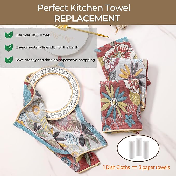 Dish Towels for Kitchen, Jacquard Woven Kitchen Towels Set, Reusable Reusable Cleaning Tea Towels Ultra Absorbent with Hanging Loop,Decorative Retro Hand Towels for Bathroom/Kitchen
