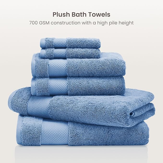 BIOWEAVES 100% Organic Cotton 700 GSM Plush 6-Piece Towel Set GOTS Certified, 2 Bath Towels, 2 Hand Towels & 2 Washcloths - Cerulean Blue