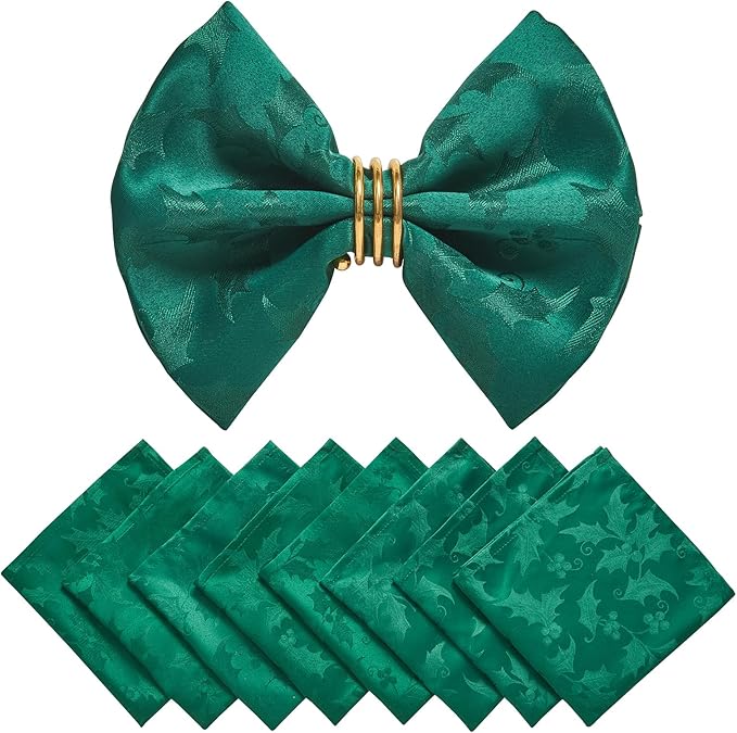 Cloth Napkins Set of 8 – Square Jacquard Floral Flowers Fabric Polyester Washable Reusable for Kitchen Dinner Dining Restaurants Wedding Party Banquet Table(Dark Green/17x17 Inch)