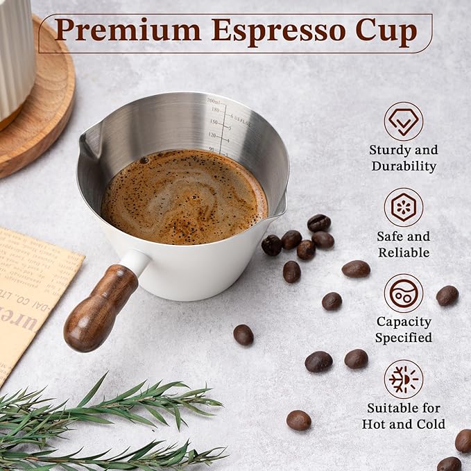 Amrules Espresso Cup, 6.8 oz/200 ml Stainless Steel Coffee Shot Measuring Cup with Wood Handle, Double V-Shaped Mouth and Clear Scale for Cappuccino Barista Coffee Bar Accessories, White