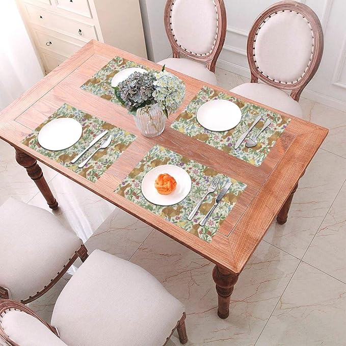 Spring Place mats Set of 4,12x18 Inches Cute Brown Rabbit Floral Placemats Rectangle Easter Decor Bunny Flower Linen Table Mats for Party Home Kitchen Dining Table Decoration