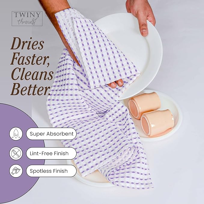 TWINY threads Multicolors White Waffle Towels 4 Pack, 16x26 Inches Absorbent Waffle Weave Kitchen Dish Cloth Set, Soft, Durable & Machine Washable Tea Towel, Rose Pink, Aqua Blue, Lavender, Green