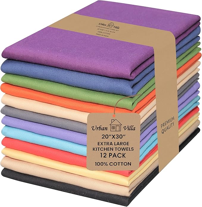 Urban Villa Kitchen Towels 100% Cotton Dish Towels for Kitchen(Set of 12)20”x30” Dish Cloths Highly Absorbent Kitchen Linen Set with Hanging Loop Perfect for Drying Dishes Cleaning Hand Towels – Multi