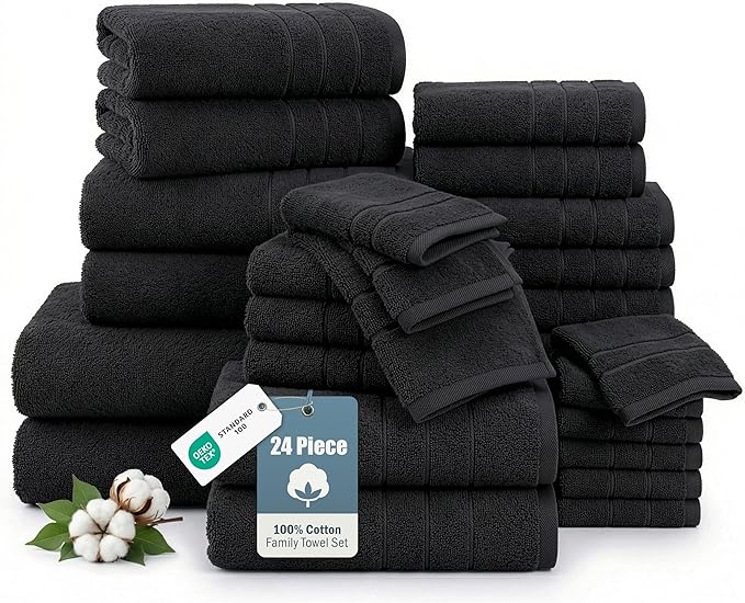 100% Mercerized Cotton Bath Towels Set of 24 - 2 Bath Sheets, 2 Bath, 2 Gym Towel, 4 Fingertip, 6 Hand, 8 Washcloths, Gentle on Body, Luxury Softness for Daily Living, Perfect for Everyday Use – Black