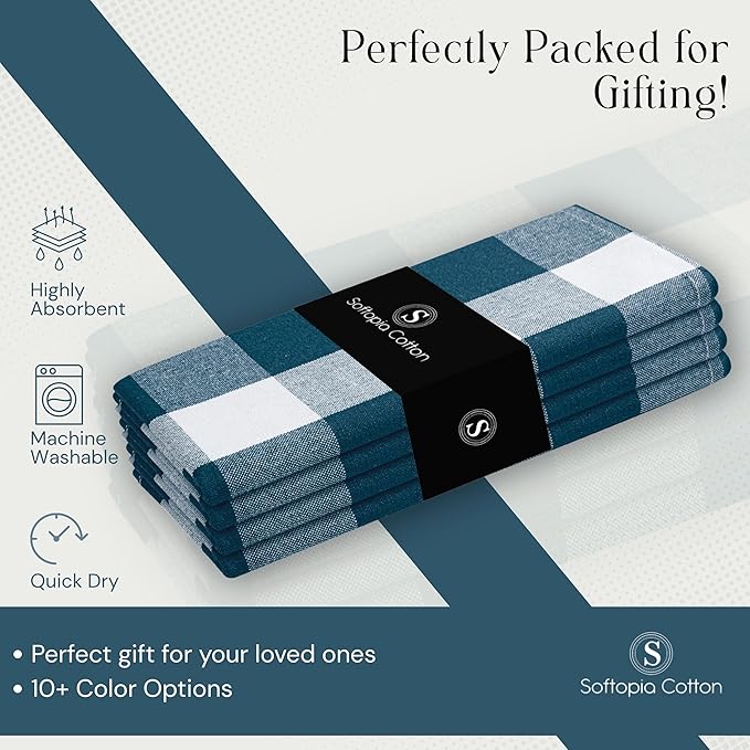 Buffalo Plaid Cloth Napkins, Set of 4, Soft, Durable, Wrinkle Free Fabric Napkins, Checked Napkins for Dinner, Wedding, Restaurant, Buffet, Party, Christmas - Teal White (16”X16”)