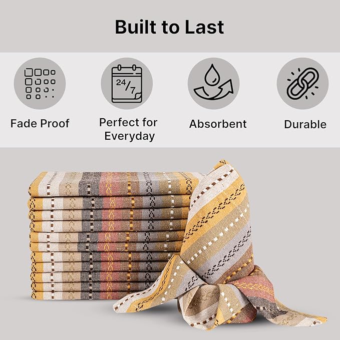 LFH Home Cotton Rich Cloth Salsa Napkin Set of 12 Washable Soft Durable Striped Napkins for Dining Wedding Daily Use Reusable Eco-Friendly Fabric Napkins (18x18)-Natural Thanks Giving