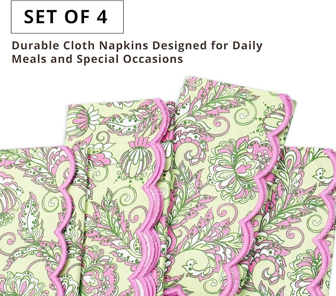 PurpleEssences Scalloped Embroidery Kalamkari Cloth Napkins - Spring Easter Summer - Table Decor - 100% Cotton - Set of 4-18x18 inch - Sage Green Edges - Blush Pink