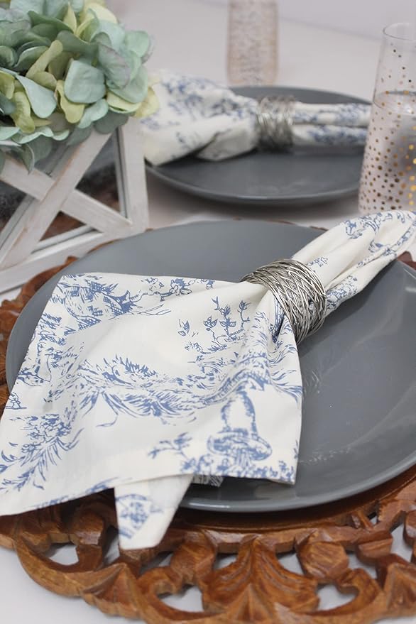 COTTON CRAFT Cloth Napkins - Set of 12-100% Cotton Reusable Country French Toile Dinner Napkin - Everyday Spring Summer Fall Christmas Holiday Party Gift - Soft Absorbent Serviette -18x18 - Blue