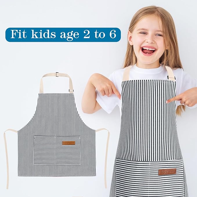2 Pack Stripes Kids Apron, Kids Cooking Aprons with 2 Pockets, Cute Aprons for Cooking for Boys and Girls