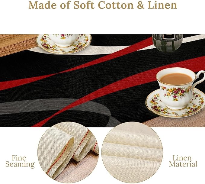 Abstract Geometric Table Runner Red Grey and White Striped Black Background Modern Kitchen Dinner Runner for Indoor Home Living Room Party Dining Table Decoration 13"x36"