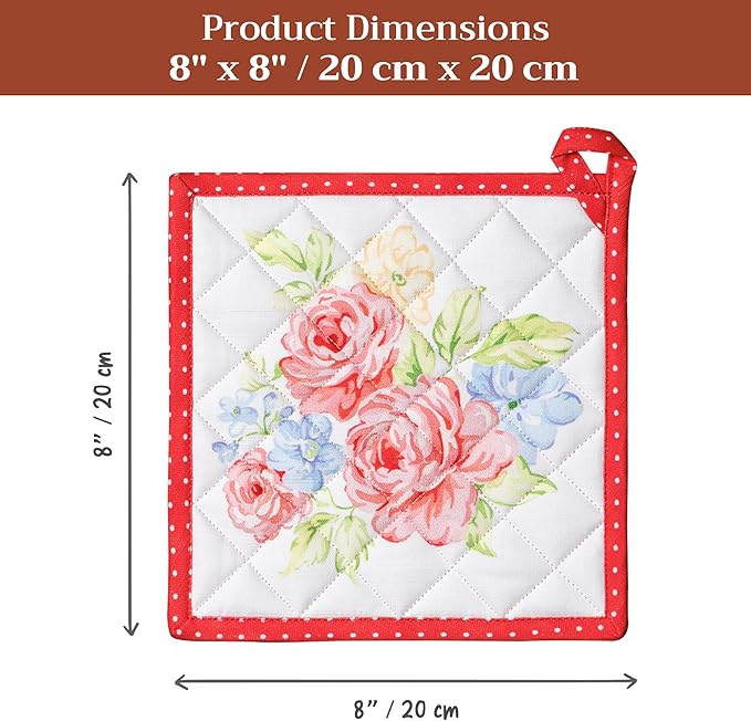 Maison d' Hermine Pot Holders 100% Cotton Heat Resistant Potholders 8" x 8" Hot Pads with Loop BBQ Cooking Baking Gifts for Mothers Day Handling Hot Pans Spring/Summer (Pack of 2, Vintage Floral)