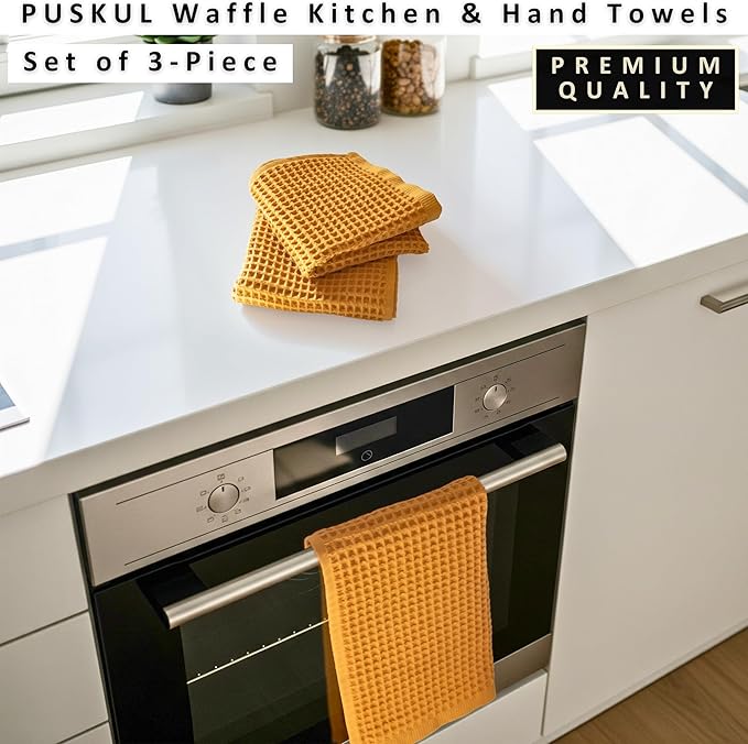 PÜSKÜL Natural 100% Turkish Cotton Waffle Kitchen Towels Set of 3 | Oeko-Tex, Premium Waffle Hand Towels for Bathroom | Soft Absorbent Quick-Dry Lint-Free Dish Towel Large 32x16 in (3, Mustrad Yellow)