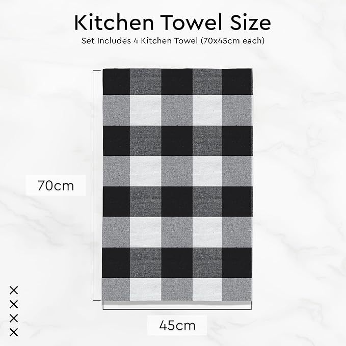 Encasa XO Cotton Kitchen Towel Set | Hand and Tea Cloth for Cleaning & Quick Drying, X-Large 28"x18" (Pack of 4) Highly Absorbent - Buffalo Black Checks