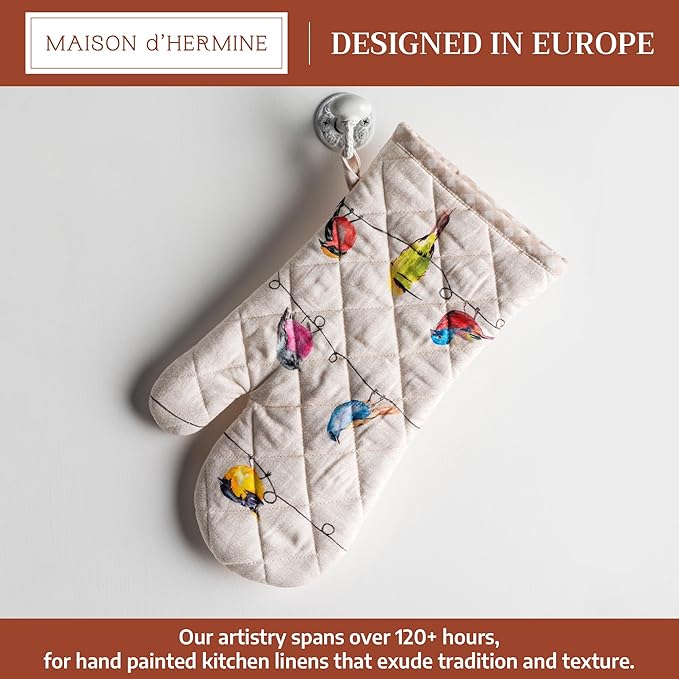 Maison d'Hermine Oven Gloves 100% Cotton Oven Mitt 7" x 13" with Loop Heat Resistant, BBQ, Cooking Gloves, Baking, Grilling, Kitchen, Handling Hot Pans Spring/Summer (Pack of 1, Birdies On Wire)