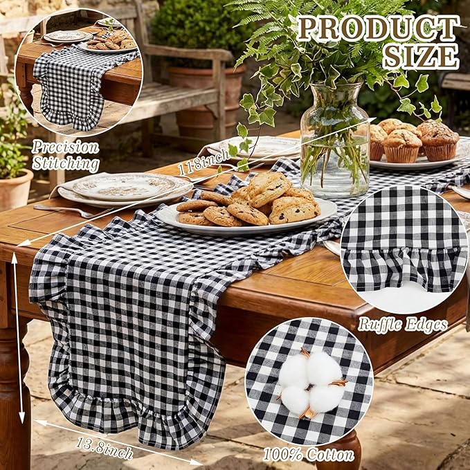 HunnmingRe 1 Pcs White and Black Plaid Gingham Ruffle Table Runner 118 x 13.8'' Farmhouse Buffalo Table Runner 100% Cotton Scalloped Long Dresser Scarves for Dining Room, Kitchen Rustic Home Decor